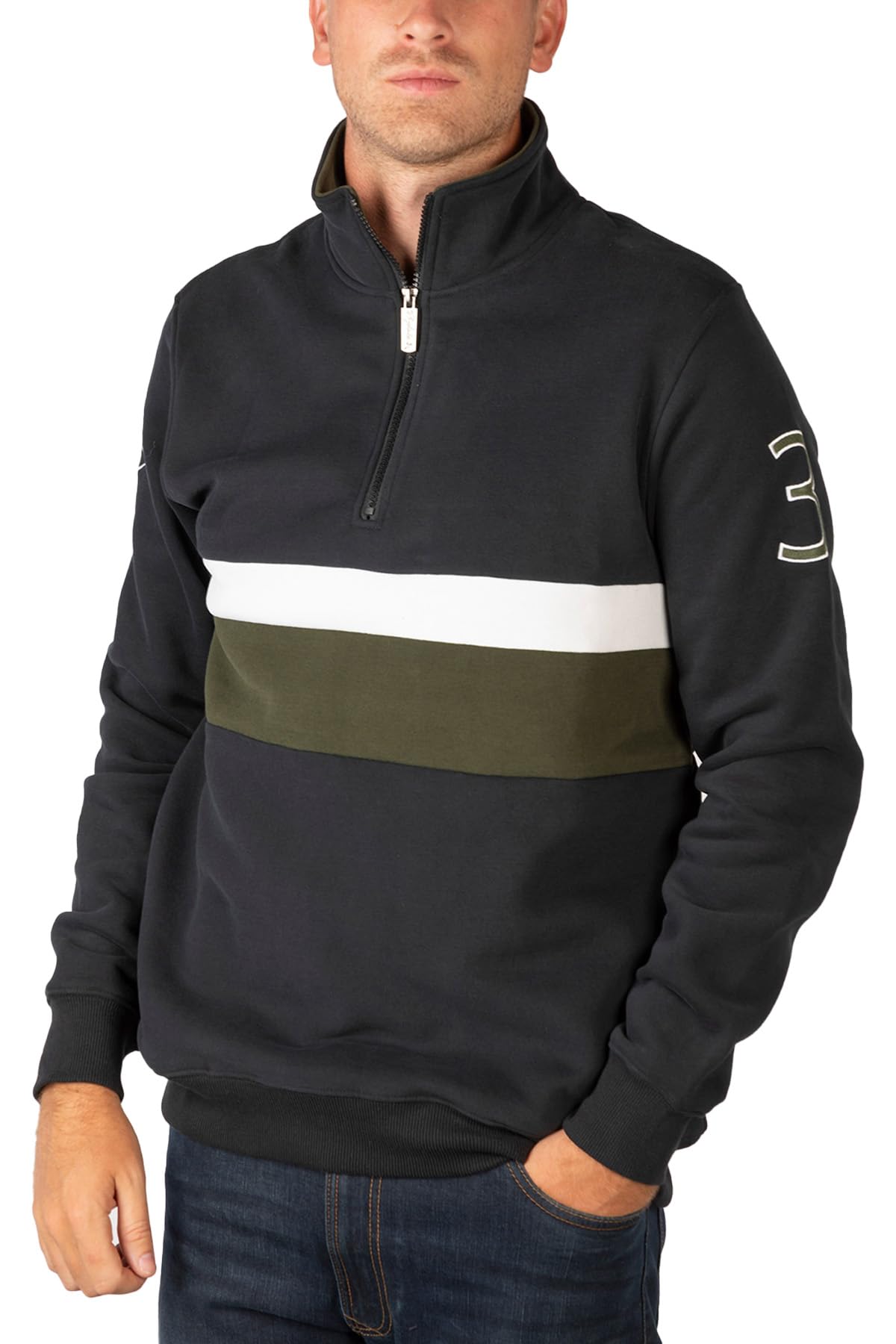 Rydale Men’s Overhead Sweatshirt Quarter Zip Striped Jumper Top Sweatshirts for Men (L, Black)