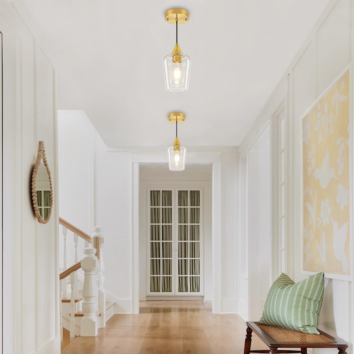 3-Pack Modern Pendant Lights Kitchen Island Brushed Gold Glass Pendant Lighting Over Island Kitchen Hanging Light Fixtures Adjustable Pendant Lights for Dining Room Bathroom Bedroom