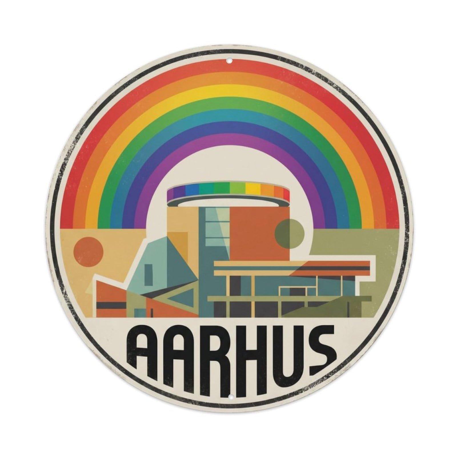 Vintage Travel Aarhus Architecture Denmark Metal Tin Sign Plaque Wall Decor for Cafe, Club Bar, Office, Home Garden Round Metal Poster 8x8Inch