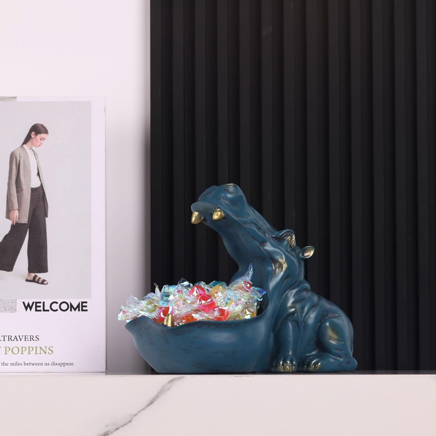Hippo Figurine Candy Dish & Key Bowl - Unique Resin Hippopotamus Statue for Office Desk & Entry Table Decor - Multifunctional Sundries Container, Jewelry Stand, and Wallet Holder - Cute Hippo Gifts