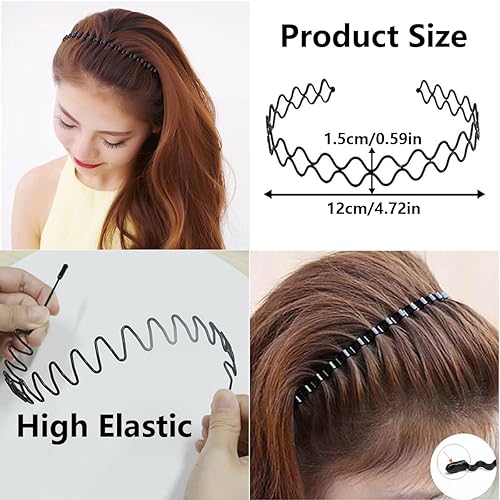 Miniatura 4 de BOYIVI 15 diademas de metal para dientes a la moda, bandas onduladas negras, antideslizantes, unisex, bandas deportivas para el cabello al aire