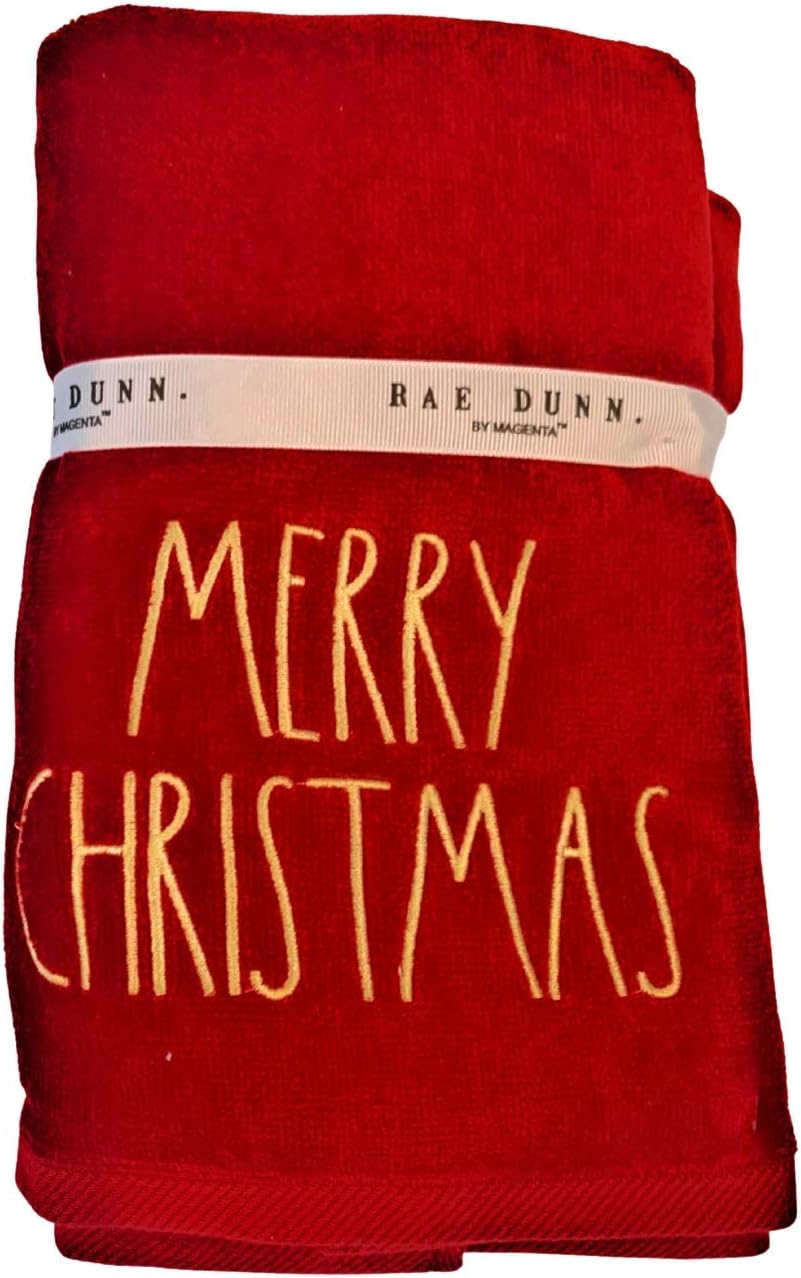 Rae Dunn by Magenta Christmas Winter Holiday Themed Hand Towels (Merry, Green with Tree)
