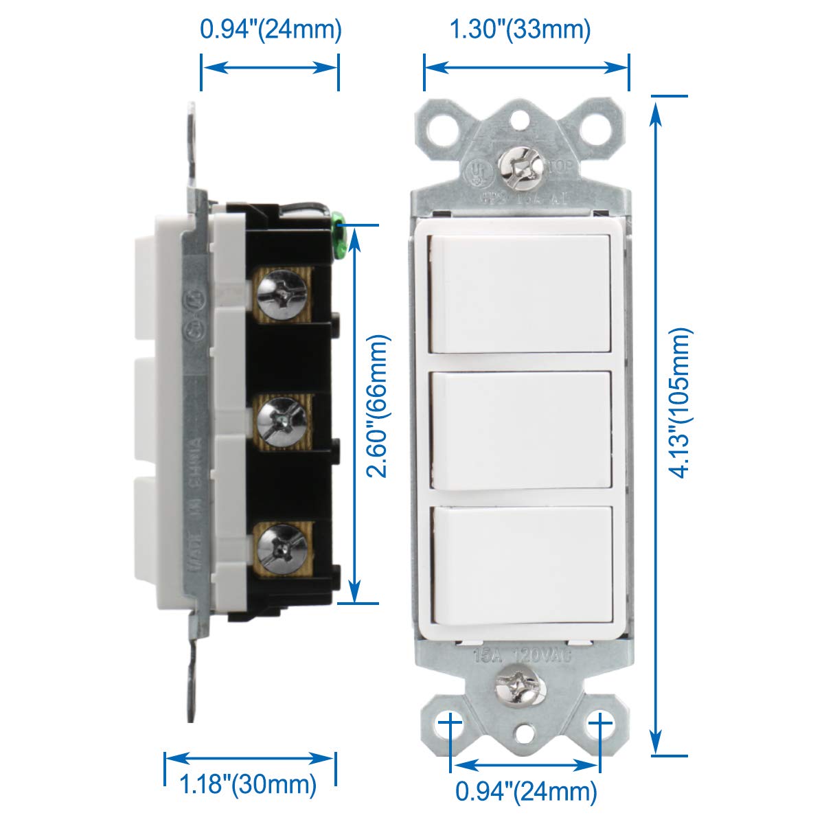 Baomain Triple Three-Function Rocker Switch Commercial Grade 15 Amp 120 Volt UL&CUL White 2 Pack