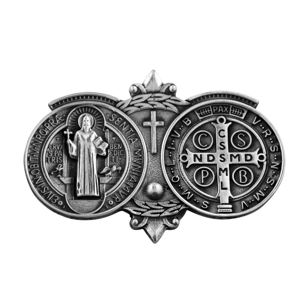 Saint Benedict Medal Visor Clip | Patron Saint of Students and Europe | Dark Silver-Tone Metal | Catholic Auto Accessory | Great Gift for Confirmation and Graduation