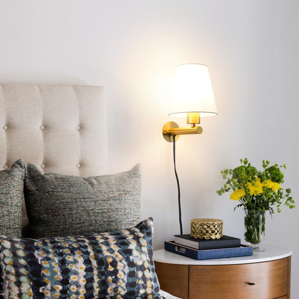 Gold Plug in Wall Sconces Set of Two, Brass Wall Sconce Lights for Bedroom Plug in, Wall Lamp with On/Off Switch Cord, Bedside Plugged Wall Mounted Light with Fabric Linen, Wall Decor for Living Room