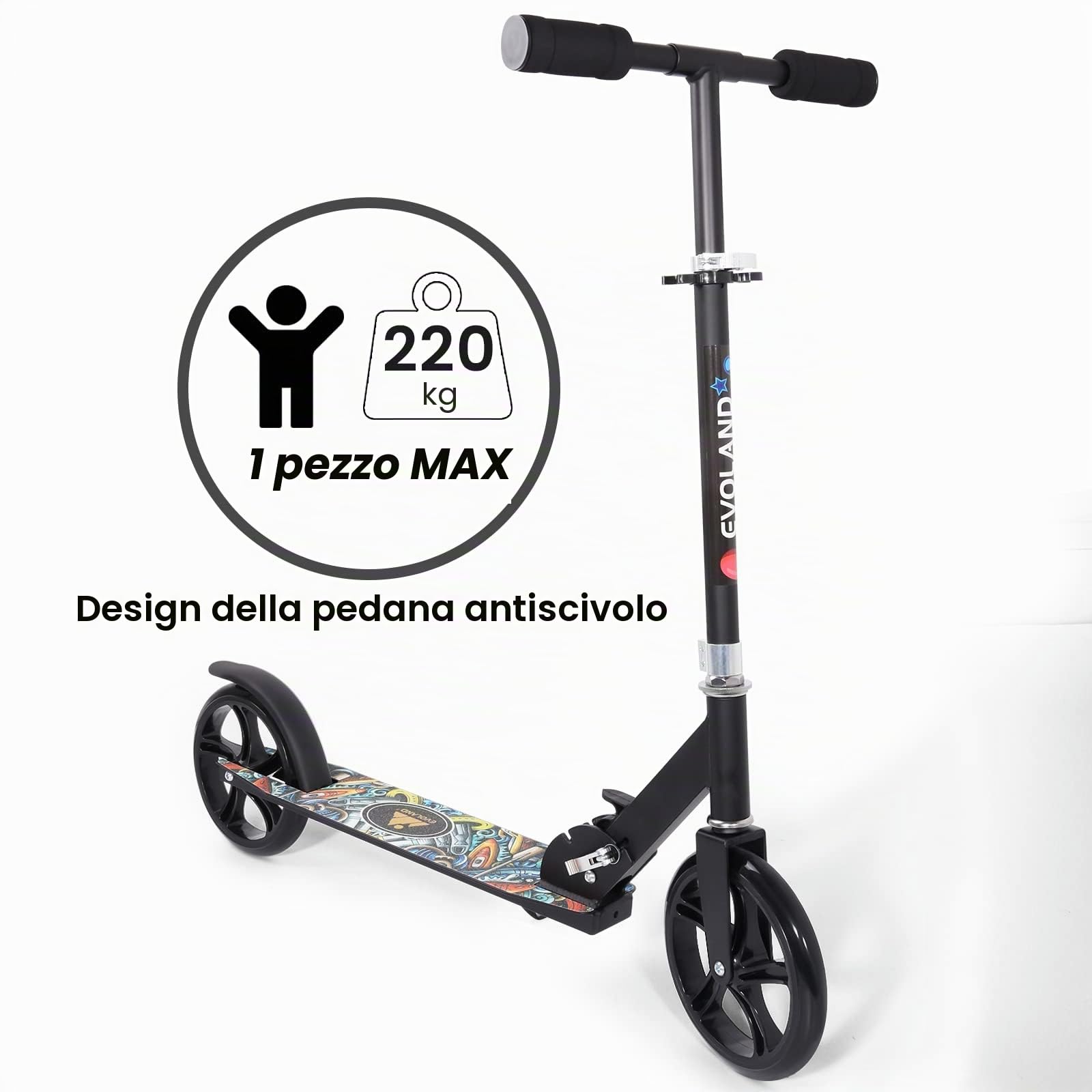 Monopattino Bambino, Elevata Capacità di Carico, Pieghevole, Altezza Regolabile, Ruote in PU, Costruzione Robusta in Alluminio, Piattaforma Antiscivolo, Freno Posteriore, Modello a Cartoni Animati