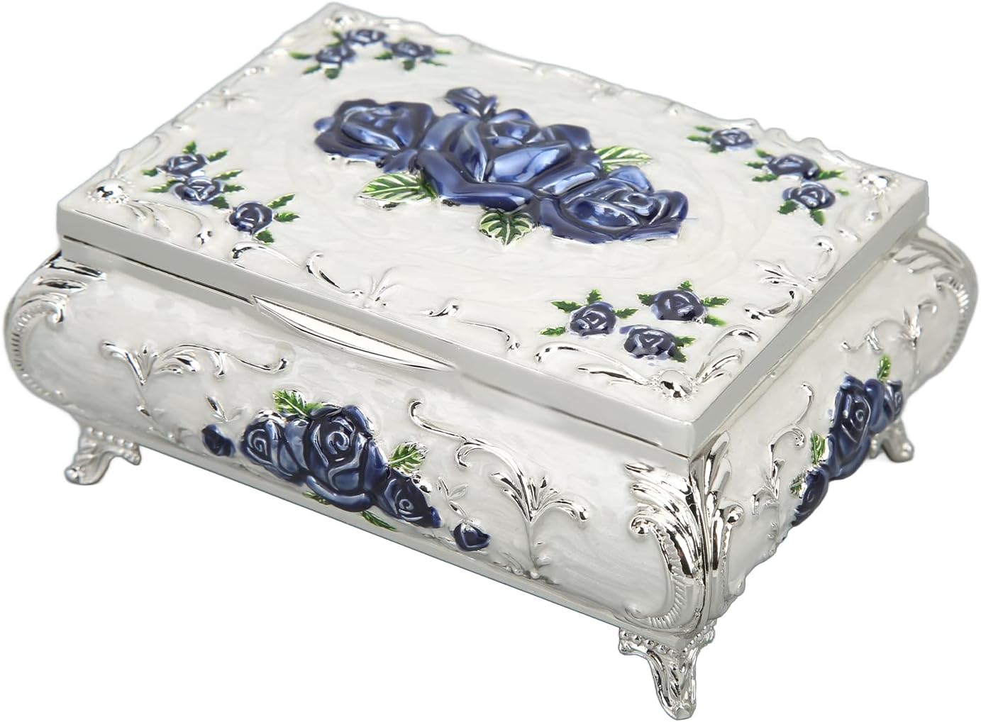 Diydeg Rectangle Antique Metal Jewelry Box, Alloy Jewelry Box Trinket Organizer Storage Box Engraved Jewelry Decorative Box with Rose Pattern Keepsake Girls Ladies (4.9x 3x2.2in,3
