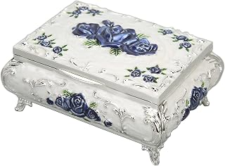 Rectangle Antique Metal Jewelry Box, Alloy Jewelry Box Trinket Organizer Storage Box Engraved Jewelry Decorative Box with Rose Pattern Keepsake Gift for Girls Ladies (4.9X 3x2.2in,3 Colors)(2#)