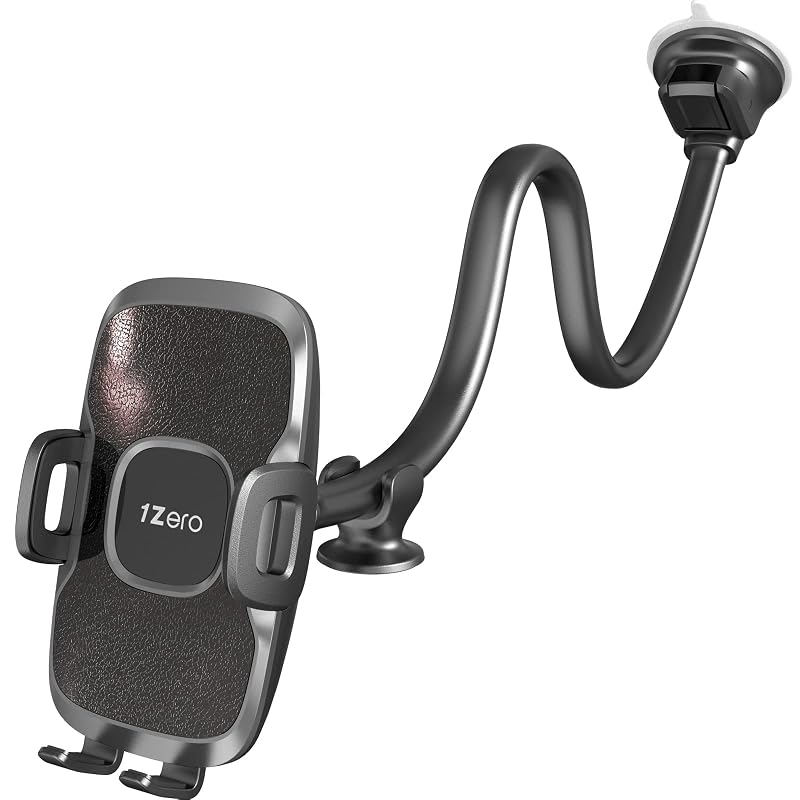 Suporte de celular para carro e caminhão 1Zero com braço flexível de 35,6 cm, encaixe ajustável e base para para-brisa, preto