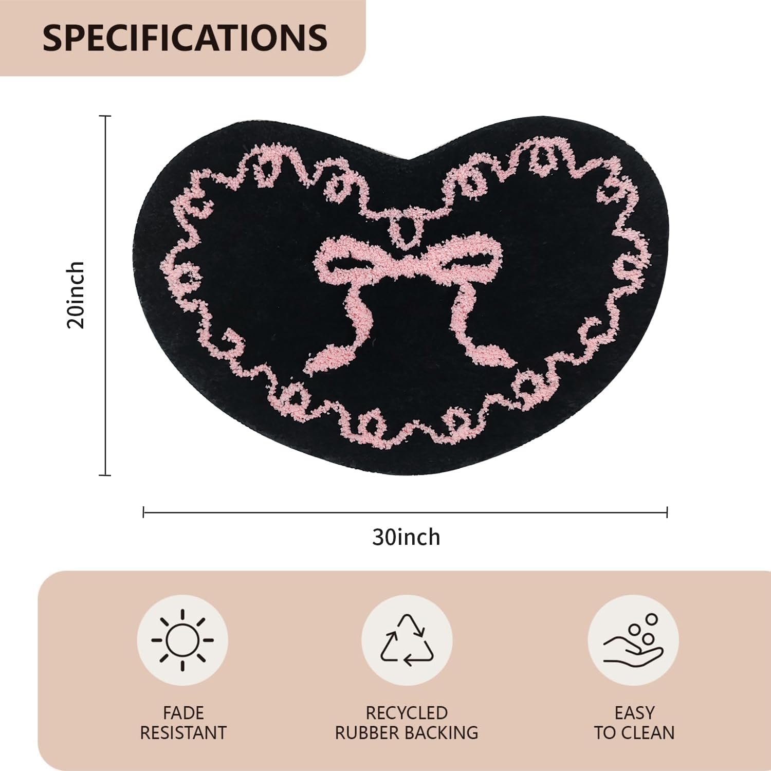 Black Pink Bow Bathroom Mat Coquette Non Slip Heart Shaped Bow Rug Cute Girly Carpet Room Decor Microfiber Absorbent Bath Rug for Bathroom Bathtub Shower Bedroom