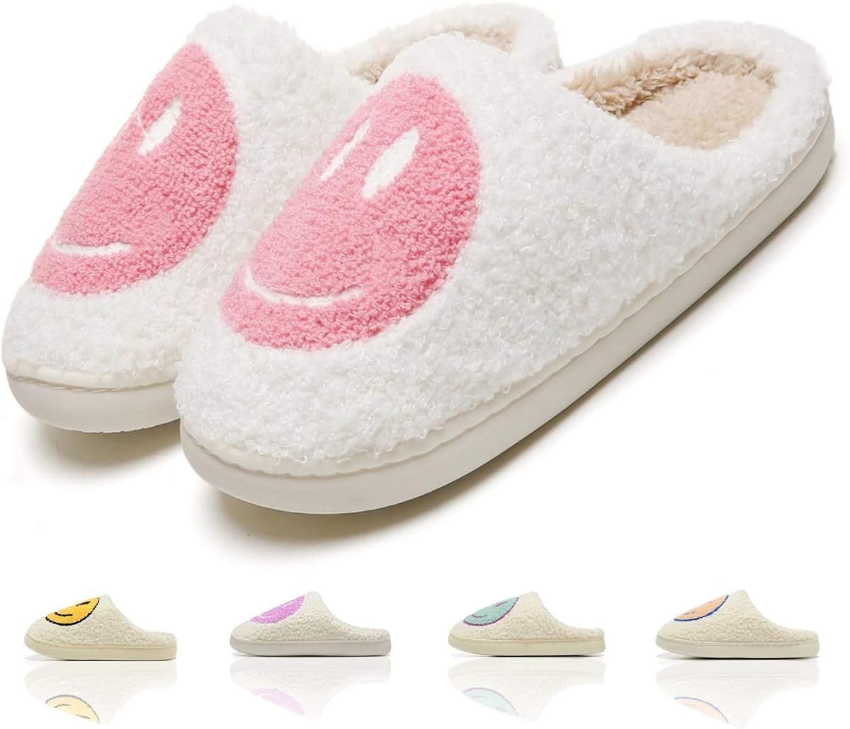 Cute House Slippers for Women Men with Memory Foam Retro Happy Face Cozy Shoes