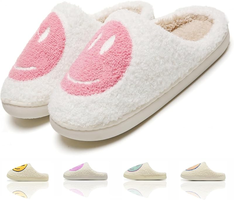 Cute House Slippers for Women Men with Memory Foam Retro Happy Face Cozy Shoes