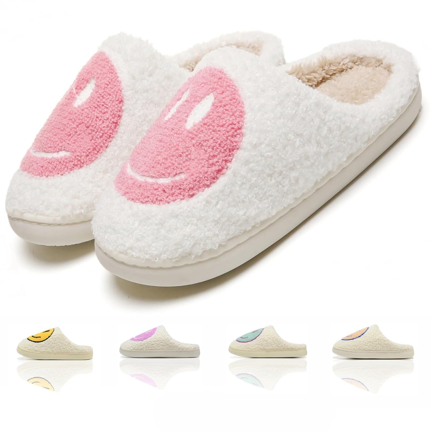 Cute House Slippers for Women Men with Memory Foam Retro Happy Face Cozy Indoor Outdoor Fuzzy Plush Shoes