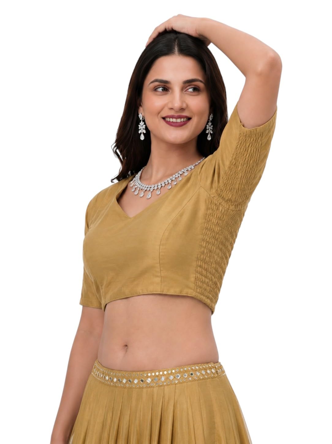 Women's Cotton Padded Readymade Blouse for Saree, Side Elastic Stretchable Blouse, V Neck Front, Deep Back Open Designer, Ready to Wear Stitched Saree Blouse-image-10