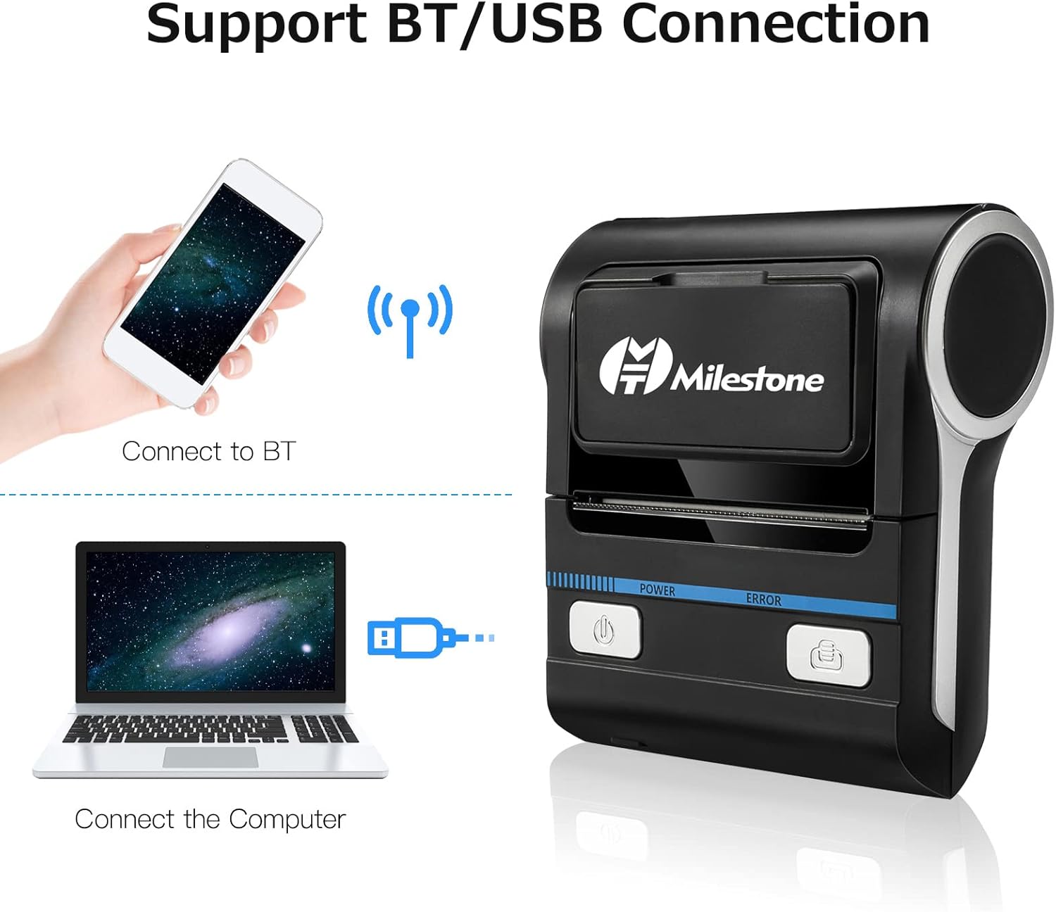 HUIOP MHT-P8001 Printer Bluetooth and USB Connection Diagram