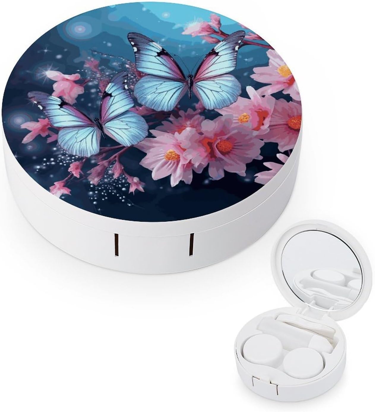 Butterfly Blossoms Contact Lens Case with Cleaner Washer Portable Contact Lens Holder Box with Mirror Tweezers Remover Tool Solution Bottle for Daily Makeup Office