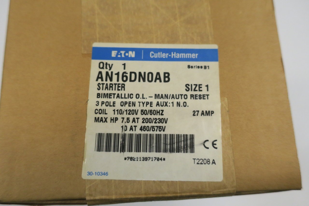 EATON AN16DN0AB Cutler Hammer Size 1 Motor Starter 27A 120V-AC 10HP D591524