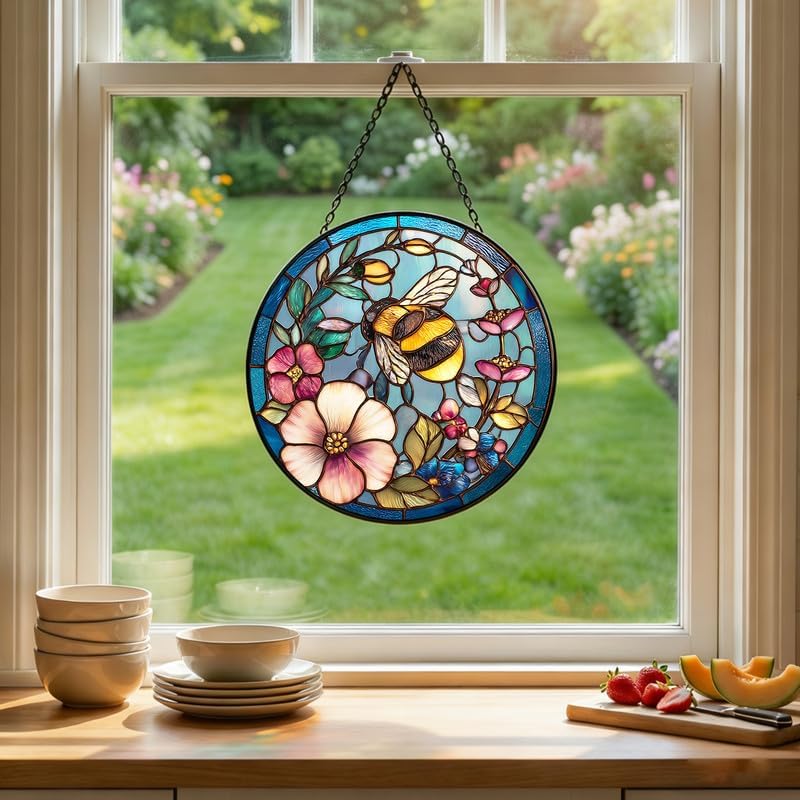Stained Glass Window Hanging Suncatcher 11.8 in Bee and Floral Colorful Glass Panel Sun Catcher for Window， Window Hanging Decor for Home， Housewarming Gift066