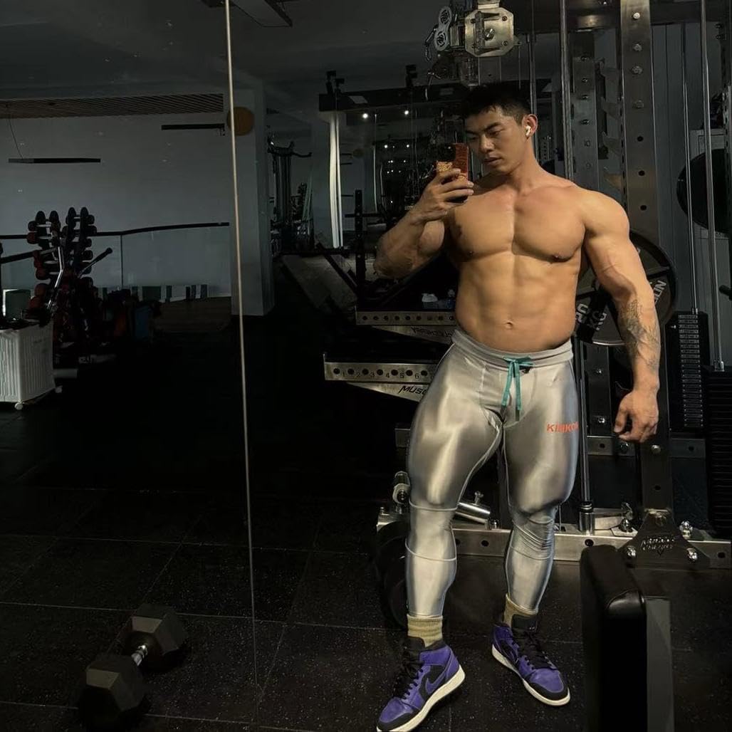 Liaeglam Futurism Glossy Men's Sexy Silver Tight Yoga Leggings Training Gym Sports Pants