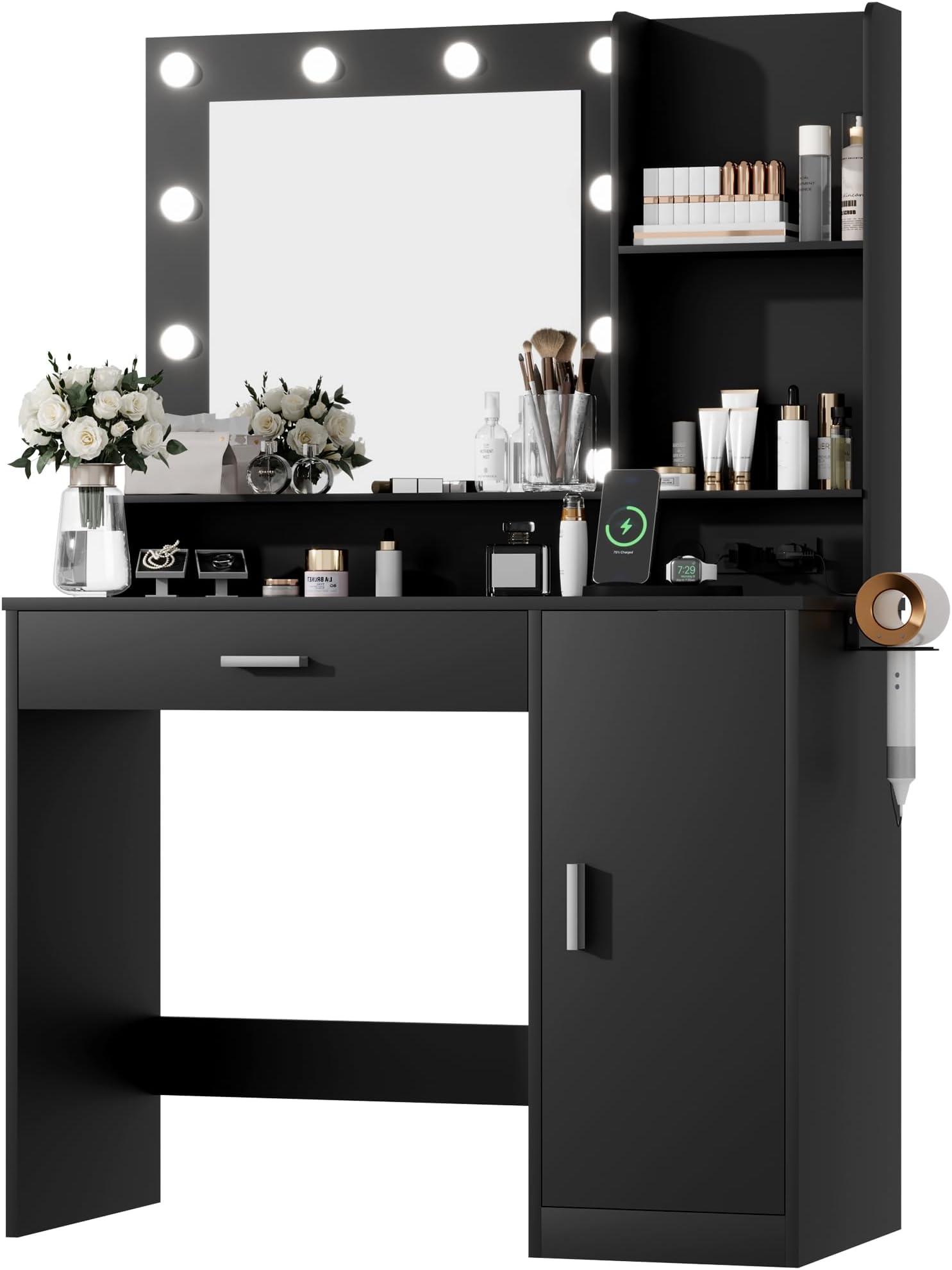 Furmax Vanity Desk with Lighted Mirror 3 Modes & Power Outlets, Makeup Vanity Table with Drawers, Cabinet and Open Shelves, for Bedroom & Dressing Room (Black)