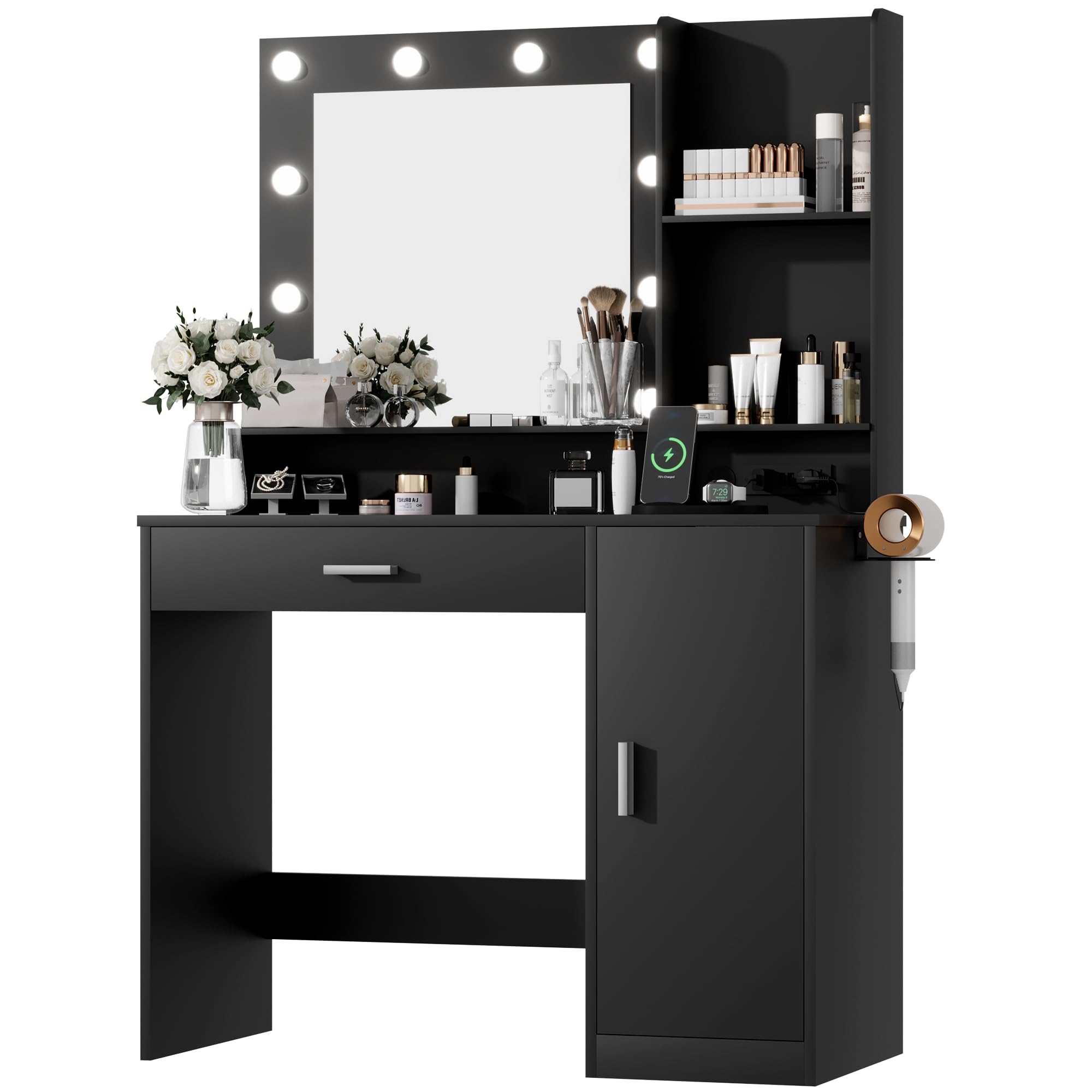 Furmax Vanity Desk with Lighted Mirror 3 Modes & Power Outlets, Makeup Vanity Table with Drawers, Cabinet and Open Shelves, for Bedroom & Dressing Room (Black)