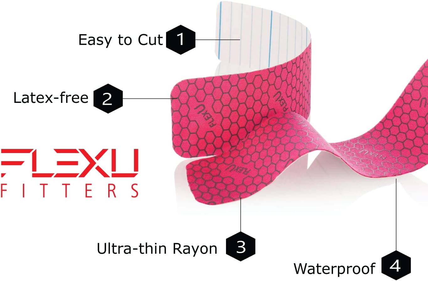 FLEXU Kinesiology Tape, Black 3 Roll Pack - Ultra-Thin Rayon, Latex-Free, Hypoallergenic Professional Therapeutic Tape to Alleviate Pain, Reduce Swelling, and Promote Faster Recovery (pink)
