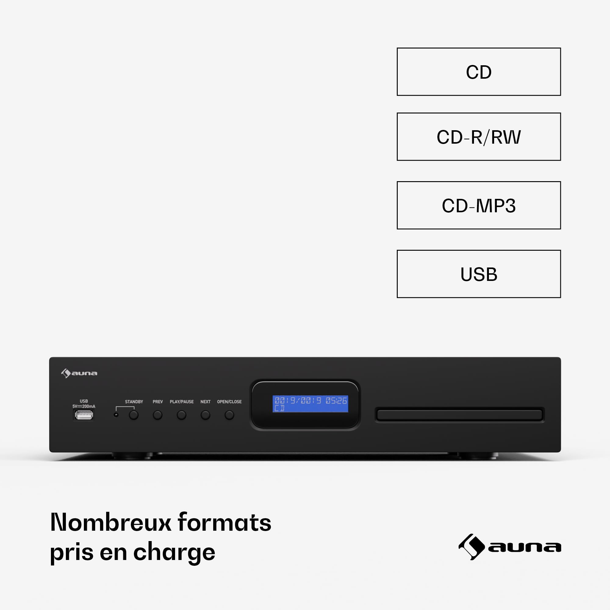 Auna Art22 Lecteur CD Hi-FI avec Lecteur à Fente, Entrée USB, Lecture CD-MP3, Télécommande, Sorties Optiques & Coaxiales – 130W – Noir