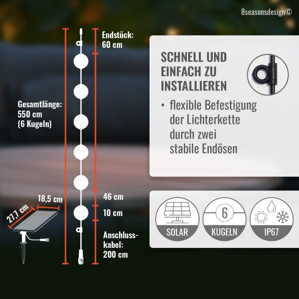 8 seasons design Solar Lichterkette Garten, 5,5m - Glowing Elegance - dimmbar, 6 weiße Kugeln (10 cm D), LED warmweiß, Akku, für außen & innen, inkl. Fernbedienung, mit USB-C aufladbar