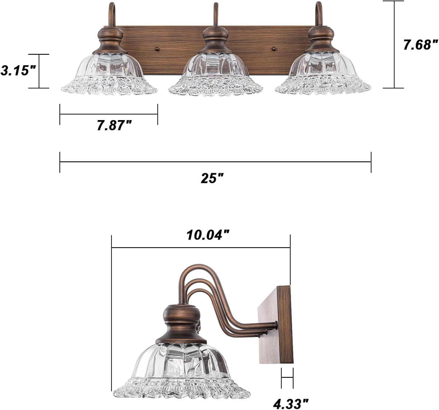 EDISLIVE ORB 3-Light Vintage Vanity Light for Bathroom Bath Wall Light Fixture with Clear Flower Glass Shades 25" E26 Antique Wall Sconce for Bedroom Hallway Living Room Vanity Mirror