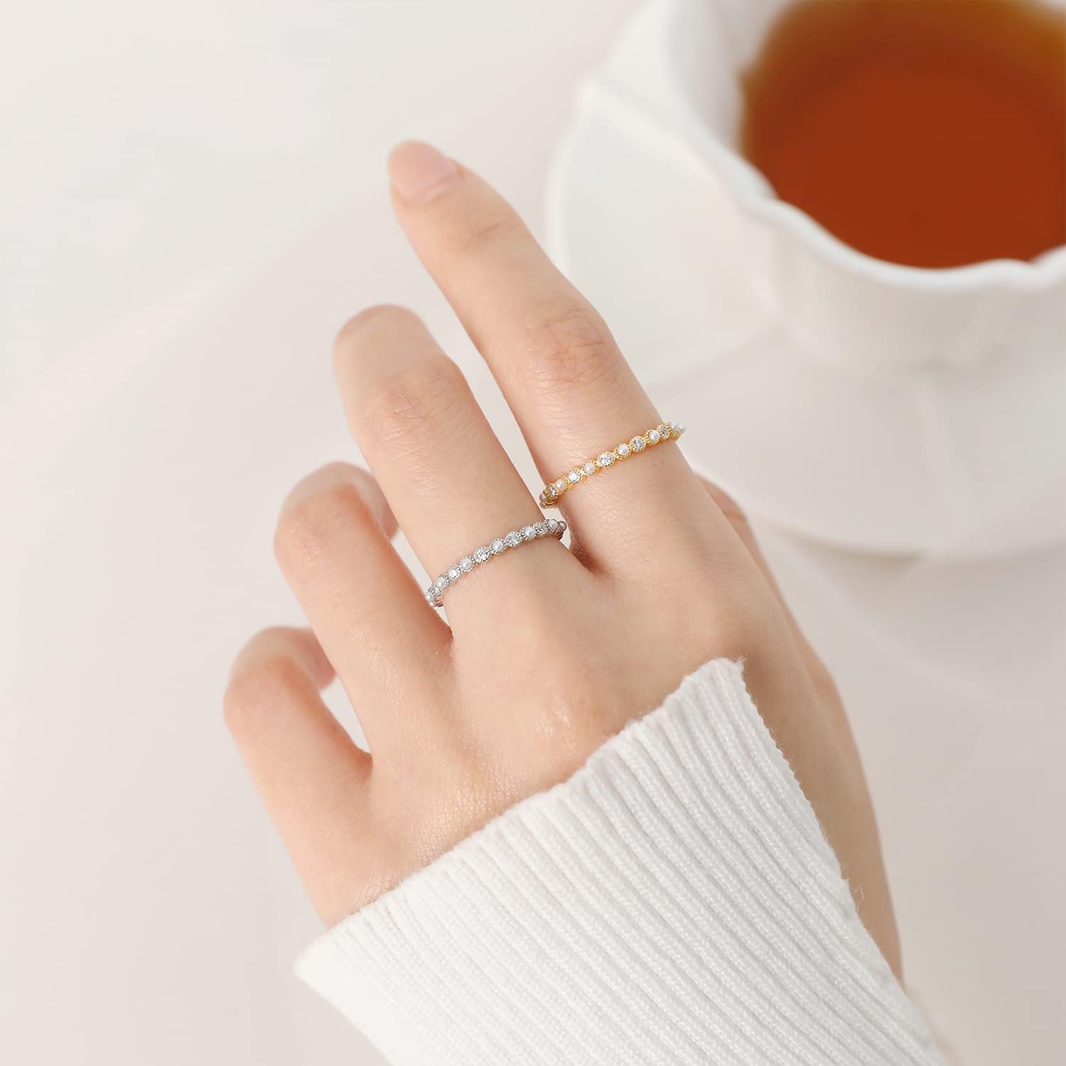 Stackable Ring for Women Minimalist Tiny Pearl Ring Silver Dainty Delicate Cute Ring Best Friend Stacking Diamond Gold Ring