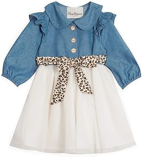 Girls 3M-6X Blue Chambray Ivory Sparkle Mesh Tie Waist Dress