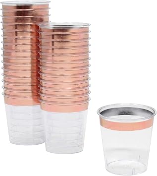 Just Artifacts 1oz Plastic Shot Glasses 120pcs, Metallic Rose Gold Rim