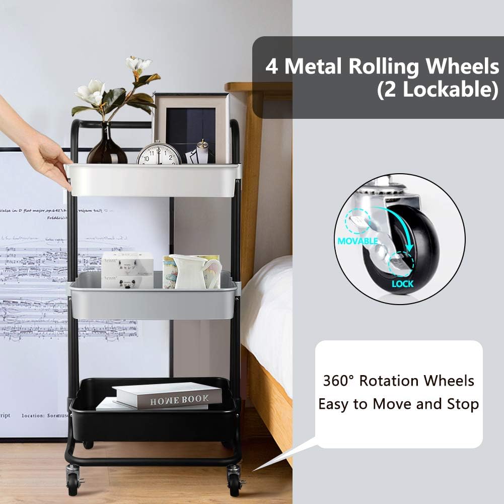 QiMH 3 Tier Rolling Storage Cart Heavy Duty Mobile Rolling Utility Cart with Handle Wheels, Craft Art Cart Multifunction Large Storage Shelves Organizer