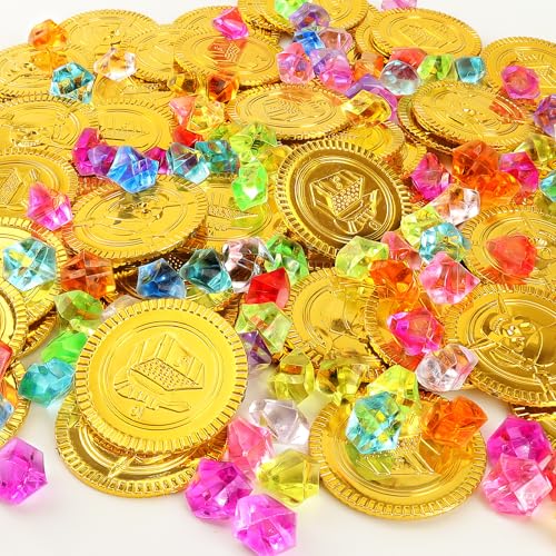 Bomtop 160 Stück Piratenschatz Goldmünzen für Piratenschatz, Kinder Schatzsuche, Mitgebsel,Mitbringsel, Schatzkiste Piraten Deko Kindergeburtstag(60 Pirat Münzen +100 Kinder Piraten Edelsteine)