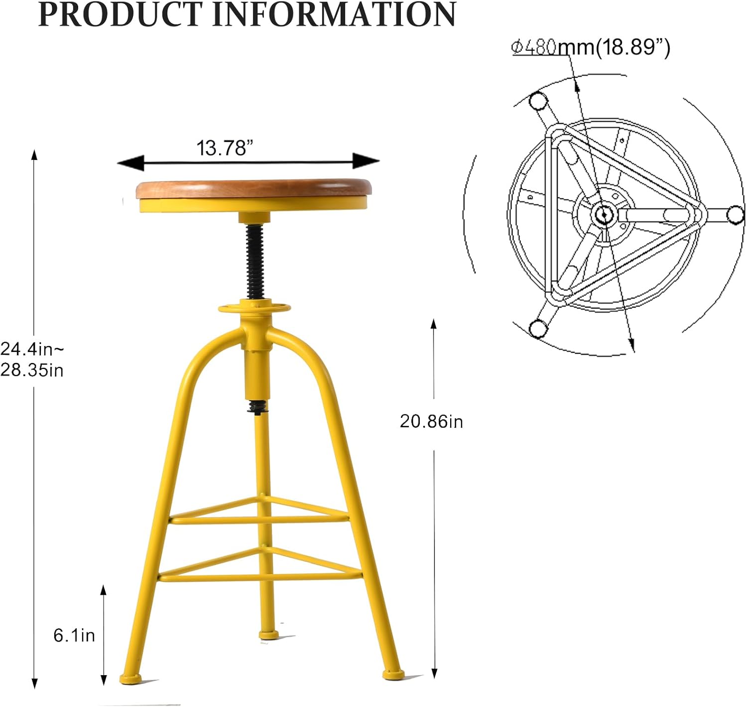 Topower Antique Industrial Design Metal Adjustable Height Bar Stool, Kitchen Dining Breakfast Chair, Wood Seat Counter Stool, Set of 2, Yellow