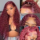 Larhali 99J HD Lace Front Wigs Human Hair Pre Plucked 180% Density Burgundy 13x6 Deep Wave Frontal Wigs Natural Hairline Human Hair Wigs for Black Women(30 Inch)