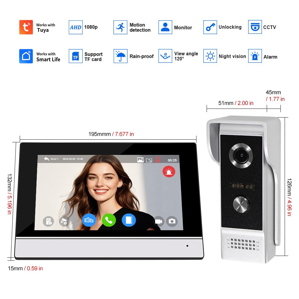Système d'interphone vidéo WiFi IP 1080p AHD tactile couleur écran intérieur IR vision nocturne caméra extérieure sonnette vidéo pour la maison, application intelligente Tuya Déverrouillage à