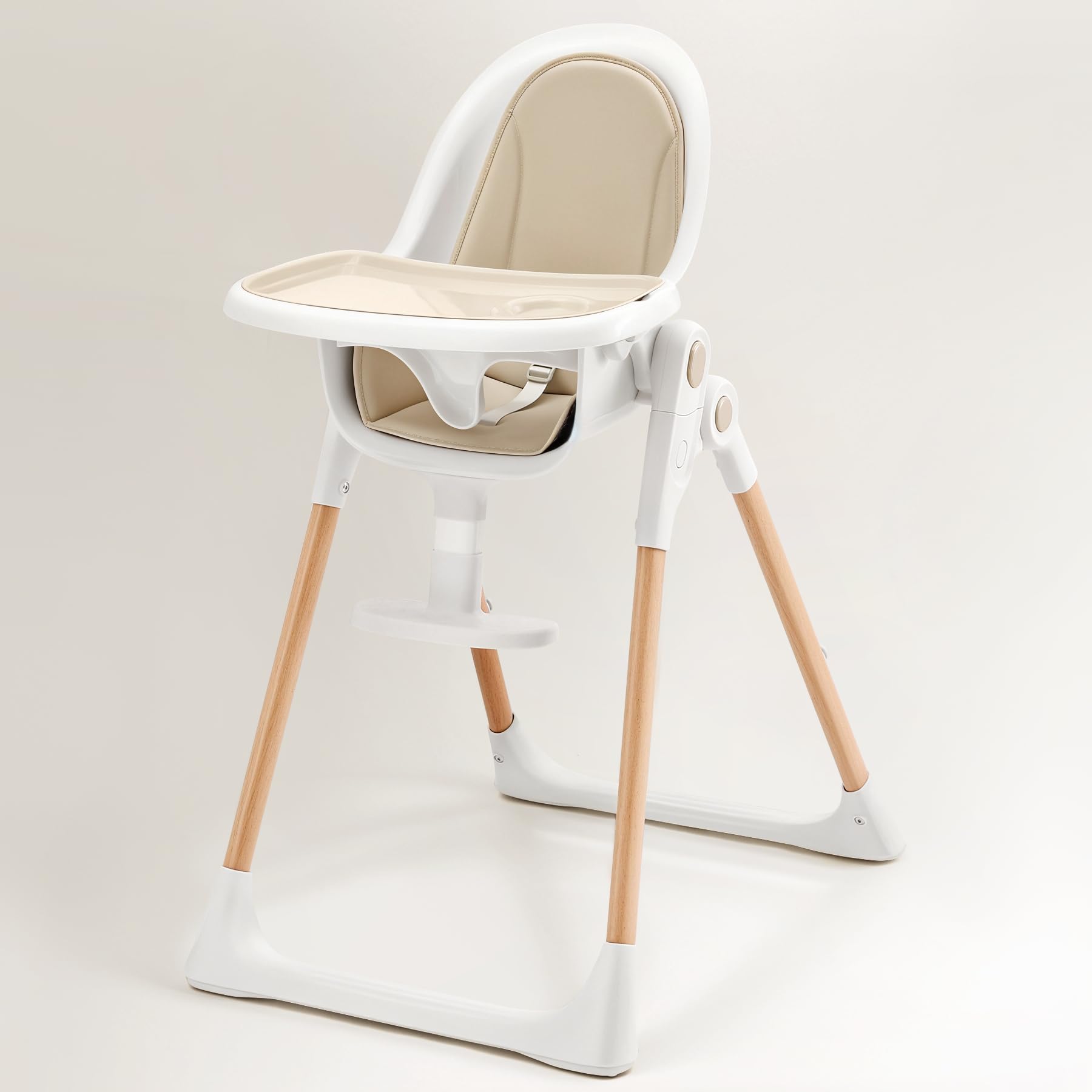 High Chairs for Babies and Toddlers, Foldable Baby High Chair with Non-Slip PU Cushion, Wooden High Chair with Adjustable Footrest Backrest Dishwasher Safe Tray, Easy to Clean Baby Highchair, Cream
