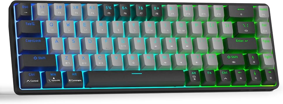 DIERYA DK68 60% Wireless Mechanical Gaming Keyboard, 3-Mode, Bluetooth 5.0/2.4G/USB-C, RGB Backlit, 68-Key Compact Mini for Windows, Mac, Linux - Clicky Blue Switch - Black/Grey