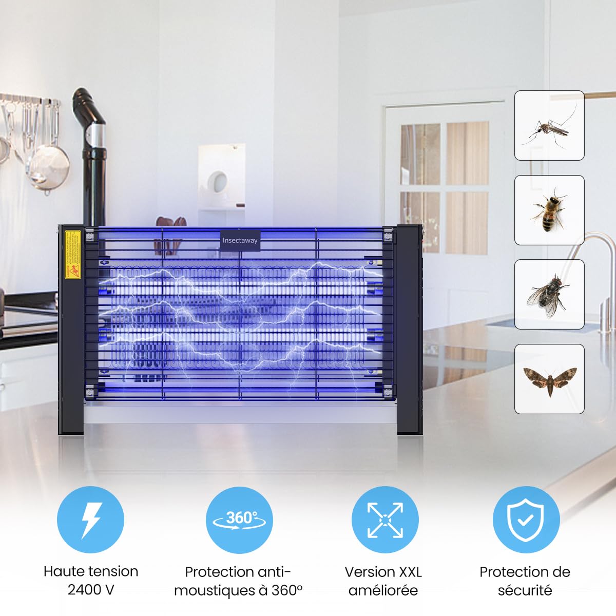Tue Mouche Electrique Format XXL 2PCS, 2400V Lampe Anti-Moustique, Interieur 20W 2 lumière UV, Pièges à Mouche Tueur Lampe, Destructeur d' Insectes, Maison, Cuisine, Bureau, 4 Ampoules de Rechange