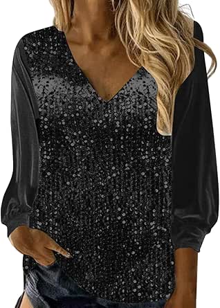 Amazon.com: Sequin Tops for Women Party Blouse Tops V Neck Long Sleeve ...