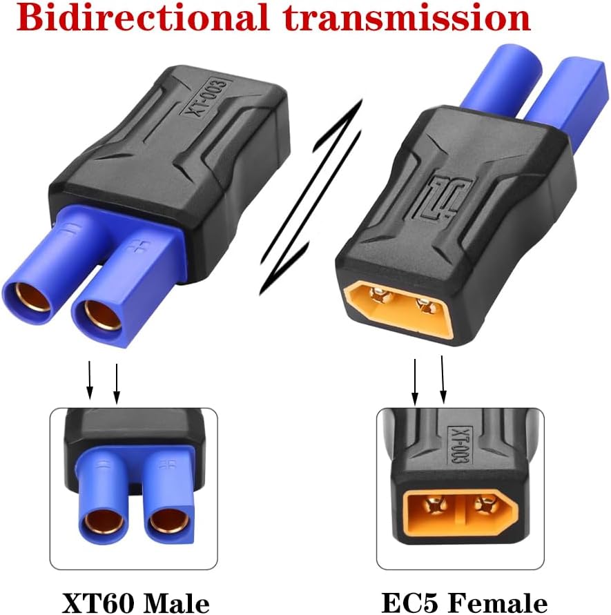 2Pcs New Upgraded XT60 Connector EC5 Connector XT60 Male to EC5 Female Connector XT60 Extension Cable Terminal, Connect RC Battery Adapter, RC Cars, Boats, Air Models