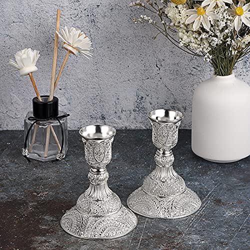 Ownmy 2Pcs Brass Taper Candle Holders Candle Stick Holders Set Vintage Metal Pillar Candlestick Holders, 4”H Elegant Candle Stand Candelabra For Dining Table Centerpieces Wedding Home Decor, Silver #TOP5