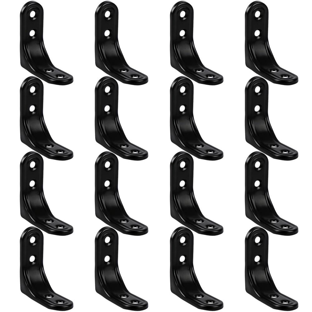 16Pcs Black Corner Brackets L Brackets Corner Brace Metal Iron Joint Angle Bracket for Desk Table Chairs Bookshelf Board and Furniture Cabinets