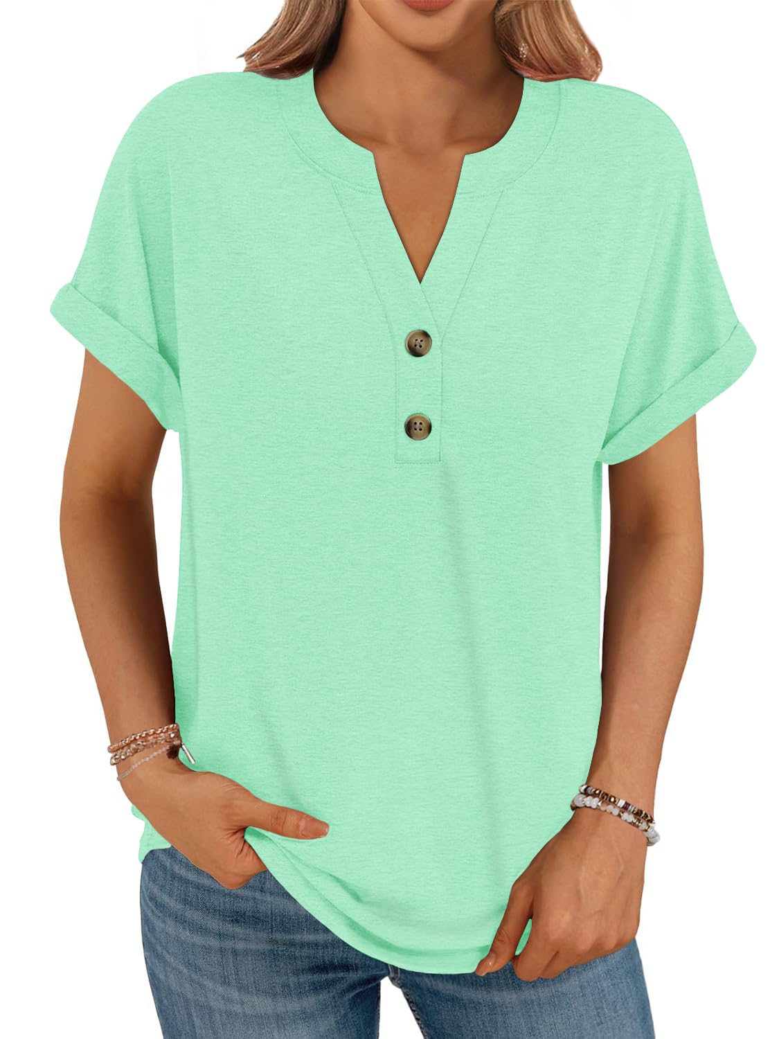 Cuptacc Shirt Damen Baggy Lässige Kurzarm Elegantes Bluse Sommershirts Damen Leicht Und Luftig Mintgrün L