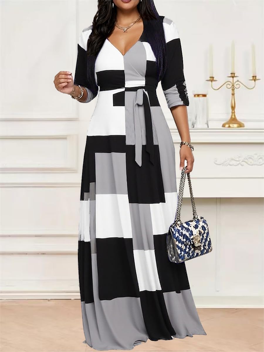 Maxi Dresses for Women Casual 3/4 Sleeve Wrap V Neck Semi Formal Elegant Long Church Dress with Belt - Image 3