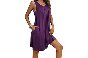 Women Nightgown with Pockets Sleep Shirts Sleeveless Sleepwear Pleated Front Nightshirt Round Neck Nightdress
