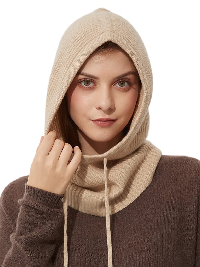 Damen Herren 100% Kaschmir Kapuzen-Schal, weiche Schalmütze mit Kordelzug, warmer Loop Schal mit Kapuze