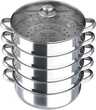 Steam Canner, 5 Tier Stainless Steel Steamer Cooker Steam Pot Food Vegetable Fish Cooking with Glass Lid Multi-function Kitchen Cookware Silver, 5 Tier - 30cm