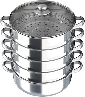 Steamer Pot 12in, 5-Tier Stackable Steamer Cooker with Lid and Triply Bottom, 304 Stainless Steel Food Cookware Set for Vegetables, Dumplings, Seafood on Gas & Electric Stoves